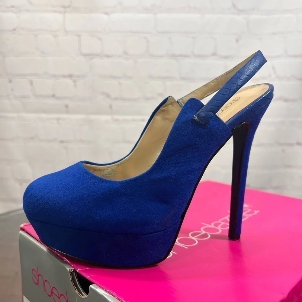 ShoeDazzle microsuede cobalt blue sling back platform pumps in size 6 EUC